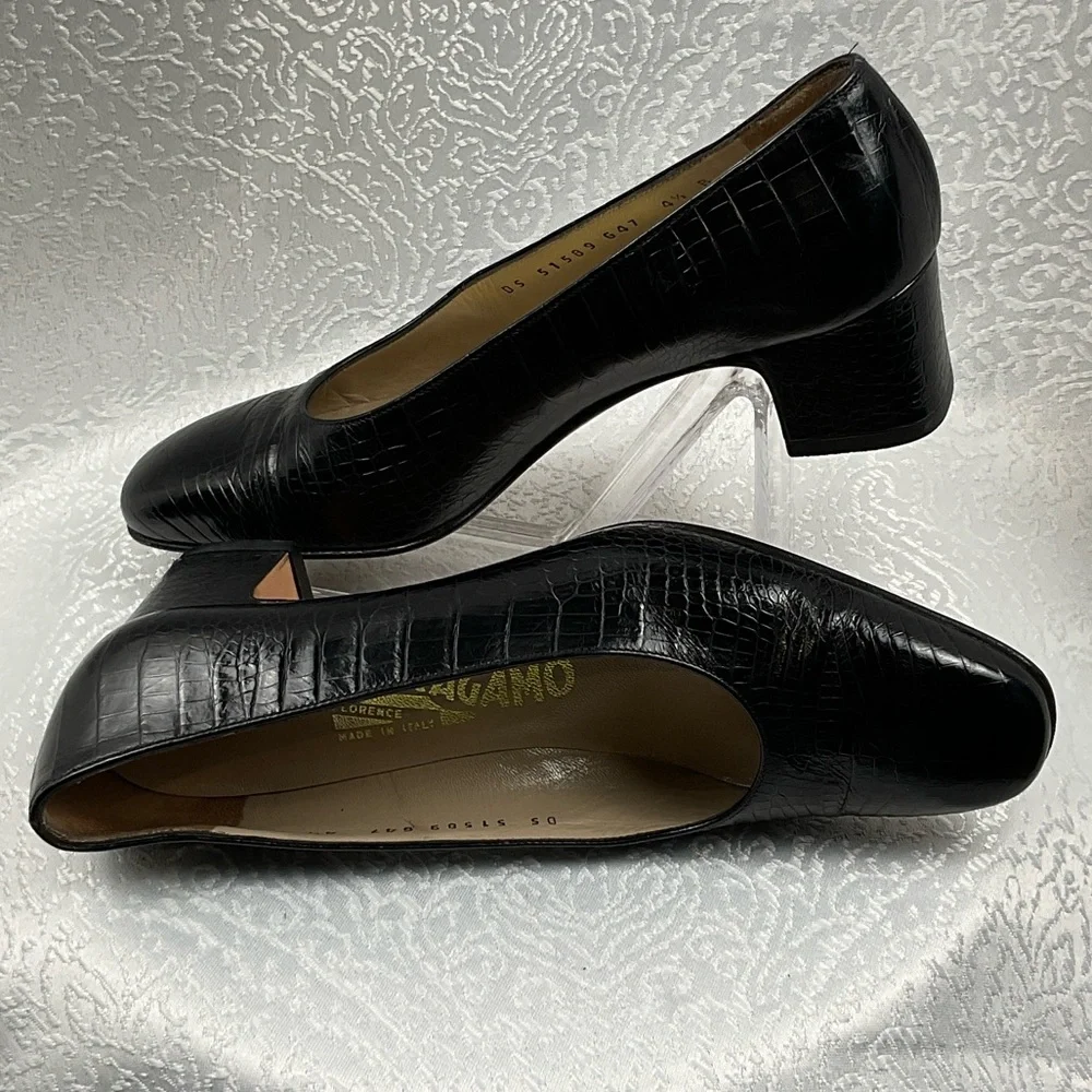 Salvatore Ferragamo Black‎ Croc-Embossed Heels